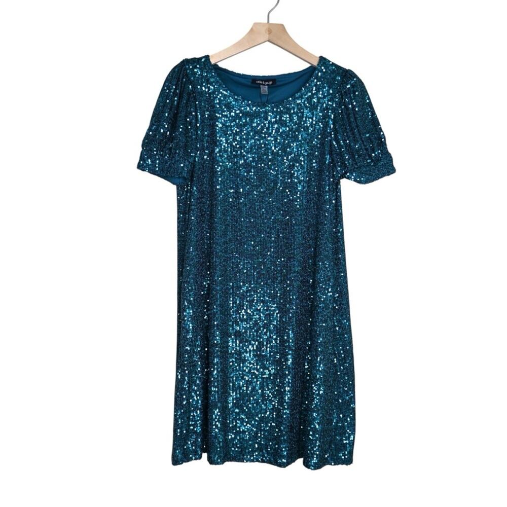 Cable & Gauge Womens M Short Sleeve Sequin Lined Mini Dress in Green NEW